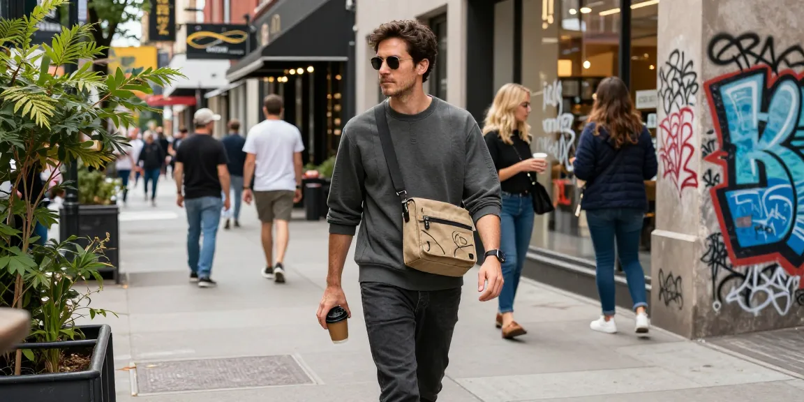 Modebewusster Mann mit umhängetasche canvas herren in urbaner Umgebung, lässiger Look, lebendige Stadtatmosphäre.